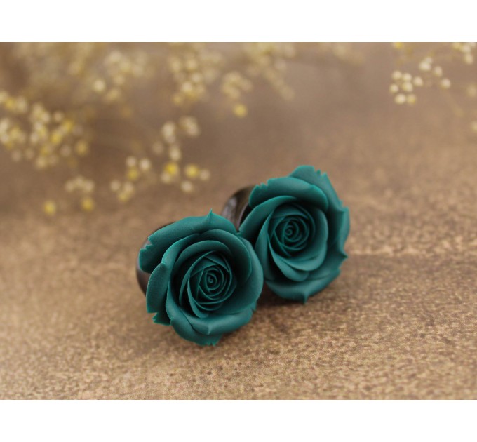 Teal earrings for stretched ears Rose flower gauges Floral tunnels Custom color scheme Wedding jewelry Handmade