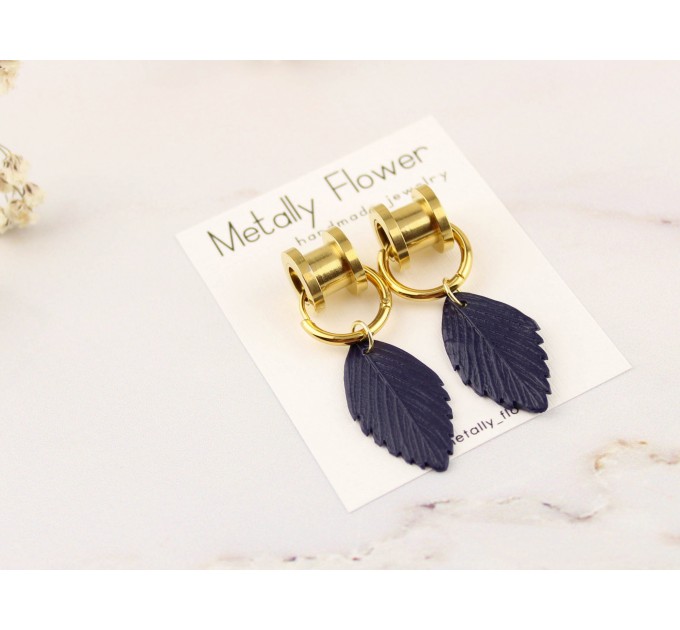 Dark navy blue leaf earrings for stretched ears Golden screw back gauges Elegant tunnel hoop hangers Unique gift idea Handmade