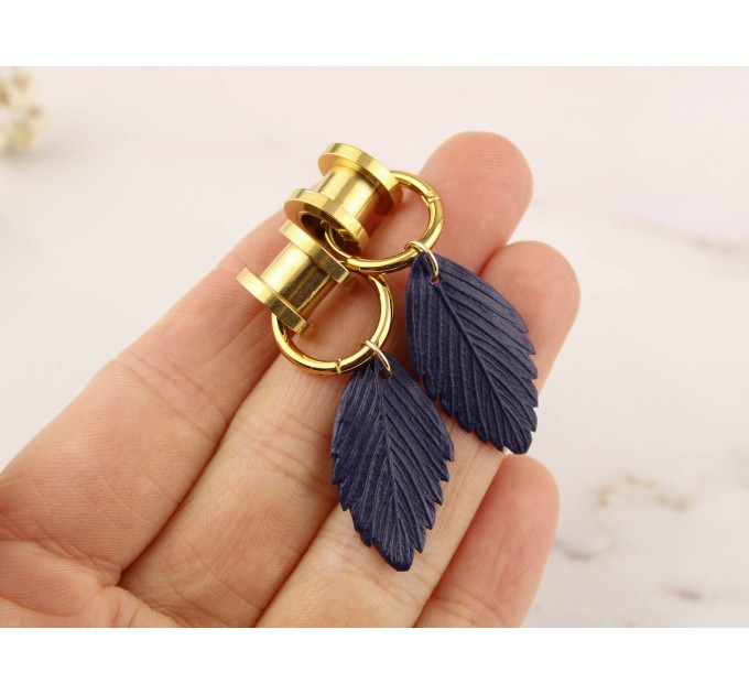 Dark navy blue leaf earrings for stretched ears Golden screw back gauges Elegant tunnel hoop hangers Unique gift idea Handmade