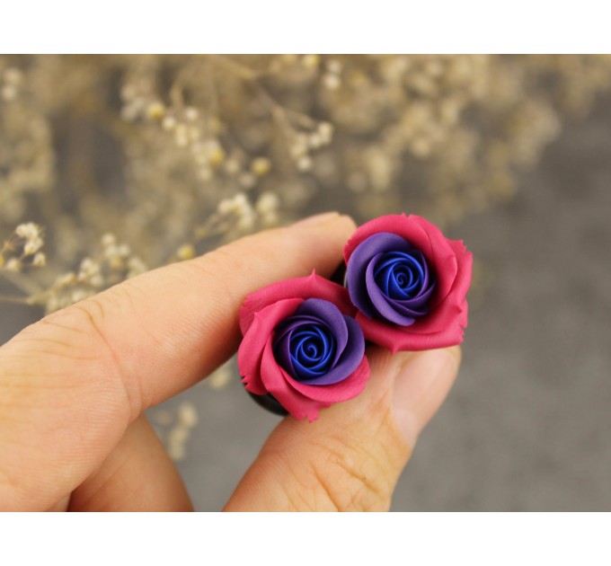 Rose ear plugs for stretched earlobes Bisexual Pride Flag LGBTQ+ jewelry Floral tunnels Handmade