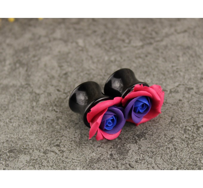 Rose ear plugs for stretched earlobes Bisexual Pride Flag LGBTQ+ jewelry Floral tunnels Handmade