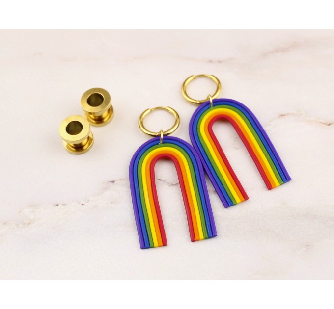 Ear hangers for stretched earlobes Golden tunnels with hoops Rainbow LGBTQ+ jewelry Gift idea Pride Diversiti Handmade