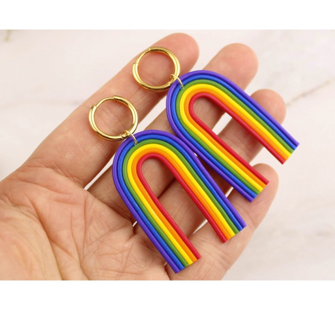 Ear hangers for stretched earlobes Golden tunnels with hoops Rainbow LGBTQ+ jewelry Gift idea Pride Diversiti Handmade