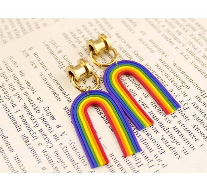 Ear hangers for stretched earlobes Golden tunnels with hoops Rainbow LGBTQ+ jewelry Gift idea Pride Diversiti Handmade