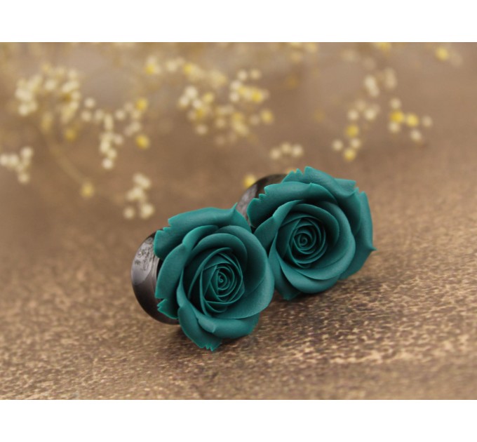 Teal earrings for stretched ears Rose flower gauges Floral tunnels Custom color scheme Wedding jewelry Handmade